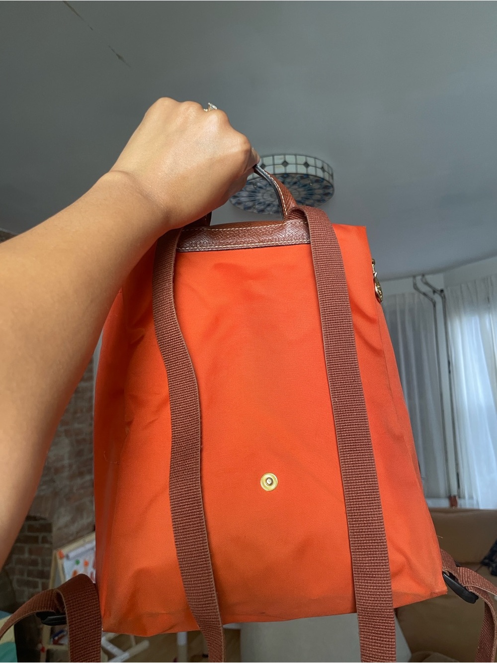Longchamp Orange Canvas Backpack with Brown Flap - Picture 3 of 7